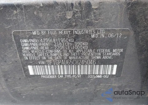 2012 Subaru Impreza 2.0I Sport Limited z USA, uszkodzony, nr VIN JF1GPAU65CH245046